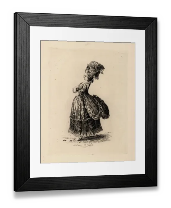 Framed Print : Woman in satin dress a la Polonaise, era of Marie Antoinette Framed Print : Woman in satin dress a la Polonaise, era of Marie Antoinette