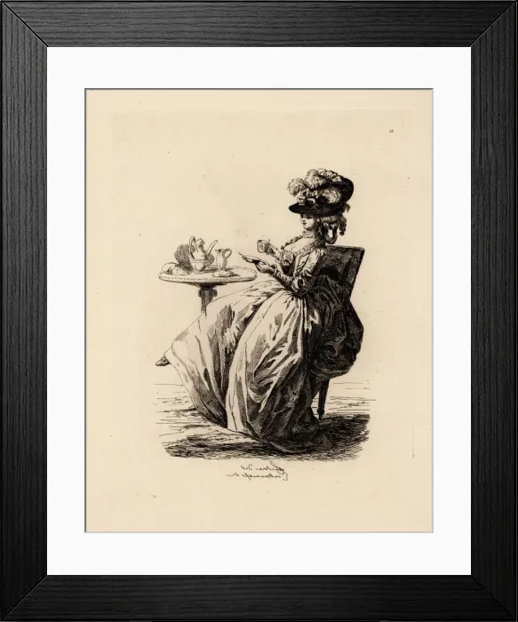 Framed Print : Fashionable woman drinking coffee, era of Marie Antoinette Framed Print : Fashionable woman drinking coffee, era of Marie Antoinette