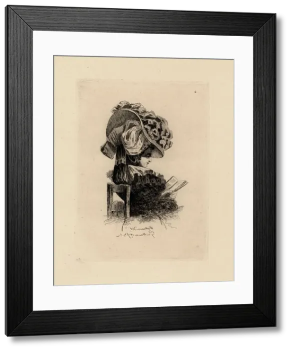 Framed Print : Woman reading a book wearing a giant bonnet, era of Framed Print : Woman reading a book wearing a giant bonnet, era of