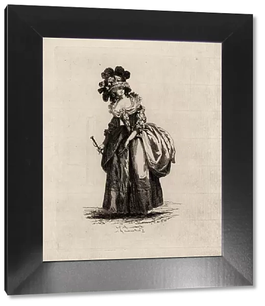 Woman in Minerva hat, taffeta dress, era of Marie Antoinette