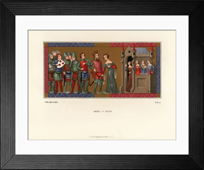 Framed Print : French knights and ladies in front of a castle, 14th century Framed Print : French knights and ladies in front of a castle, 14th century