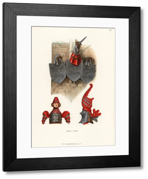 Framed Print : Great helms and shields with heraldic crests, 14th century Framed Print : Great helms and shields with heraldic crests, 14th century