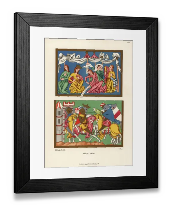 Framed Print : King and courtiers, battle scene, 13th century