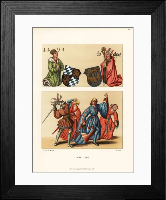 Framed Print : Mens costumes, late 15th century Framed Print : Mens costumes, late 15th century