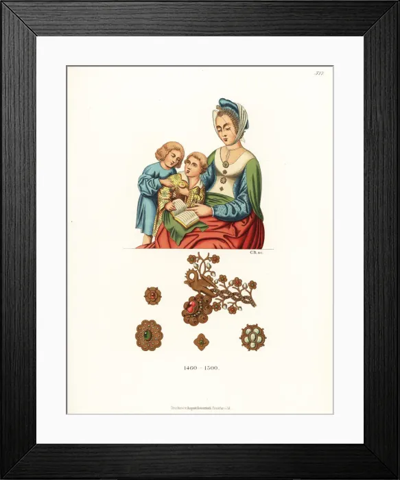 Framed Print : Costume of a German woman and children, late 15th century Framed Print : Costume of a German woman and children, late 15th century