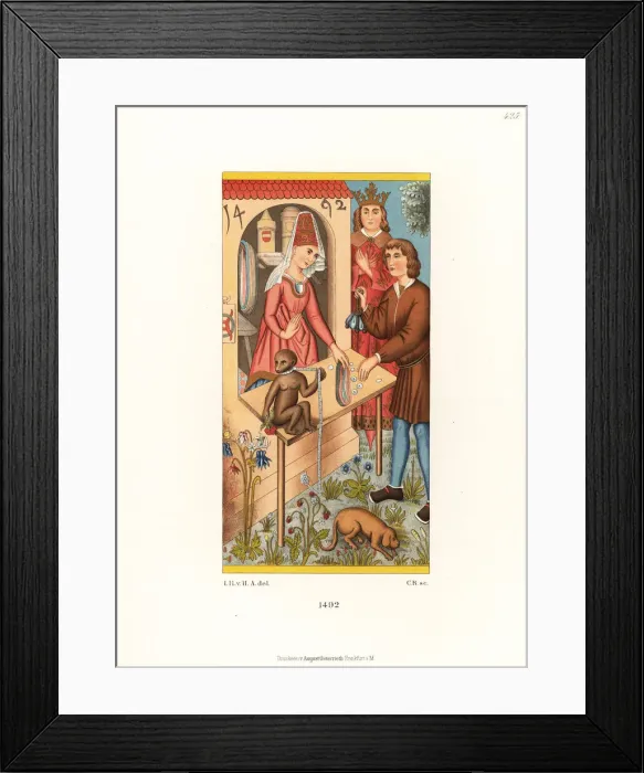 Framed Print : German female haberdasher in a shop selling thread, 1492 Framed Print : German female haberdasher in a shop selling thread, 1492