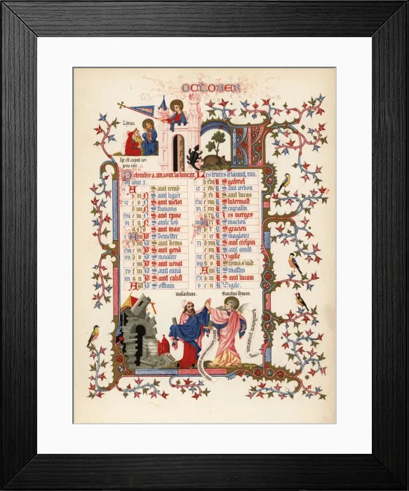 Framed Print : Illuminated calendar for October 1846 Framed Print : Illuminated calendar for October 1846