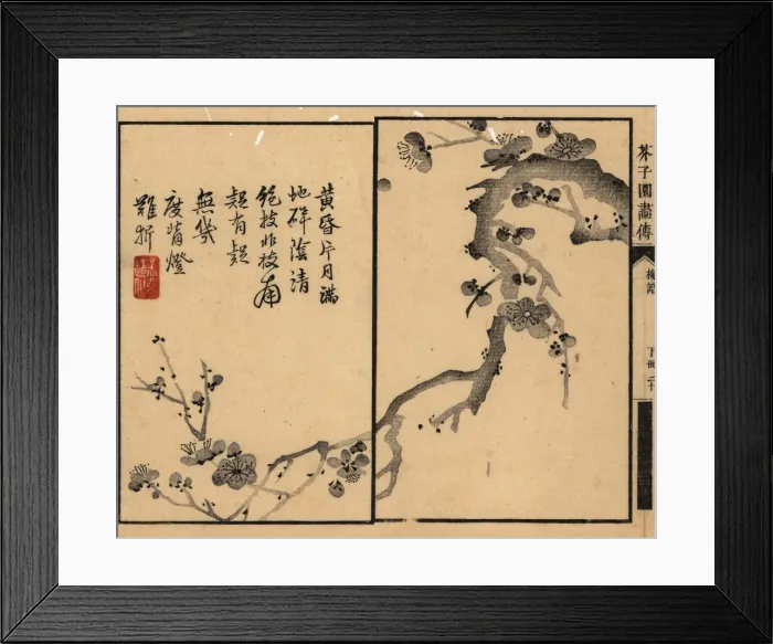 Framed Print : Plum blossom branch with calligraphy and seal Framed Print : Plum blossom branch with calligraphy and seal
