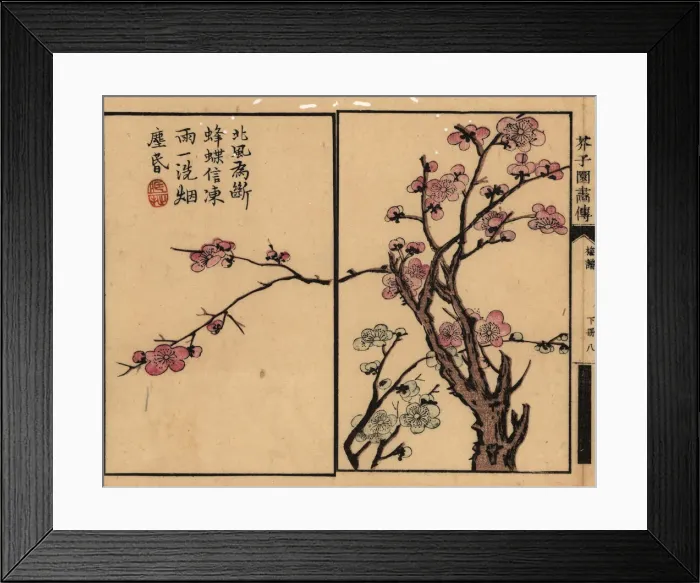 Framed Print : Branch of pink plum blossom with calligraphy and seal Framed Print : Branch of pink plum blossom with calligraphy and seal
