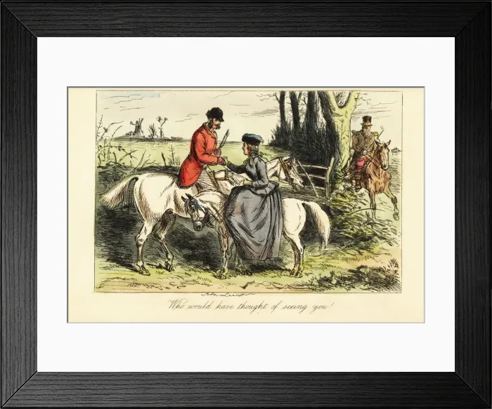 Framed Print : Gentleman on an old nag and lady on a pony meet up