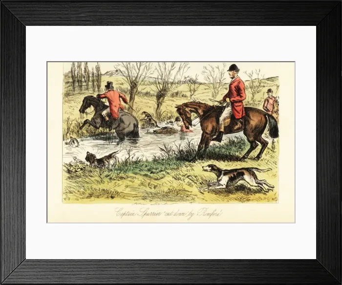 Framed Print : English huntsman fording a river with fox hounds Framed Print : English huntsman fording a river with fox hounds