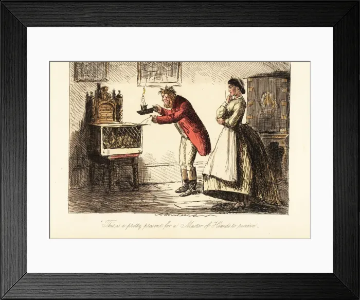 Framed Print : English huntsman in hunting pinks and boots examining Framed Print : English huntsman in hunting pinks and boots examining