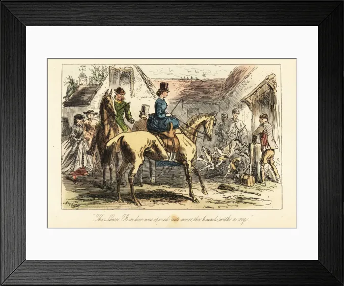 Framed Print : Huntsmen and women watch the fox-hounds let out of Framed Print : Huntsmen and women watch the fox-hounds let out of