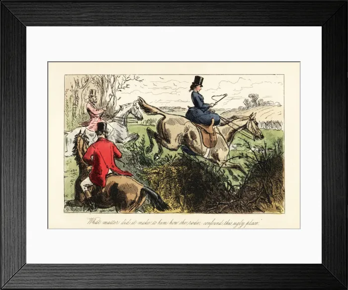 Framed Print : English huntswoman jumping sidesaddle over a fence Framed Print : English huntswoman jumping sidesaddle over a fence