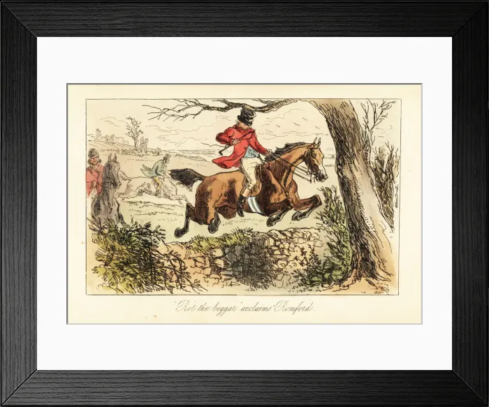 Framed Print : English huntsman making a dangerous jump over a stone Framed Print : English huntsman making a dangerous jump over a stone