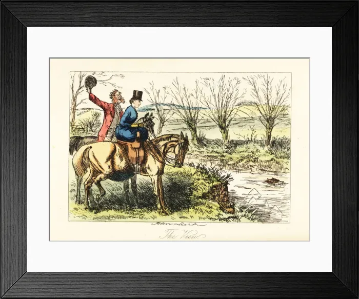 Framed Print : English huntsman and lady watching a fox swim across Framed Print : English huntsman and lady watching a fox swim across