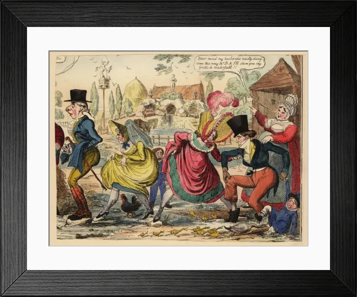 Framed Print : Victorian tourists wading through dung on a farm Framed Print : Victorian tourists wading through dung on a farm