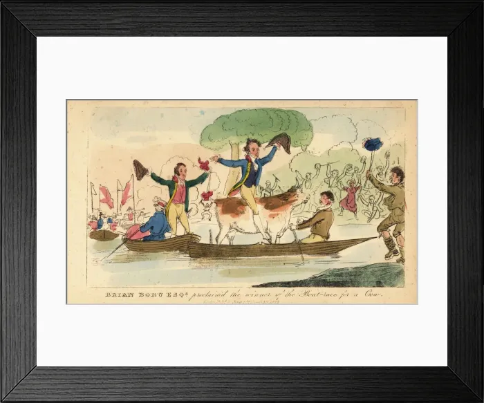 Framed Print : Irish gentleman riding a cow in a rowboat on the canal Framed Print : Irish gentleman riding a cow in a rowboat on the canal