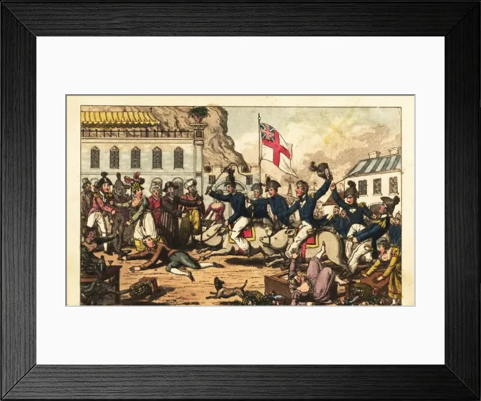 Framed Print : Royal Naval officers riding pigs in saddles through Framed Print : Royal Naval officers riding pigs in saddles through