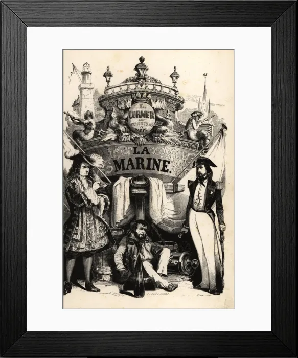 Framed Print : Sailors in front of a decorated ships stern Framed Print : Sailors in front of a decorated ships stern