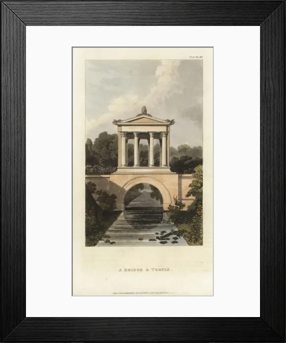 Framed Print : Bridge and classical temple over an ornamental river Framed Print : Bridge and classical temple over an ornamental river