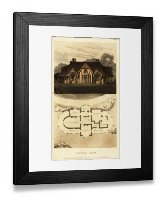 Framed Print : Plan and elevation for a thatched cottage Framed Print : Plan and elevation for a thatched cottage