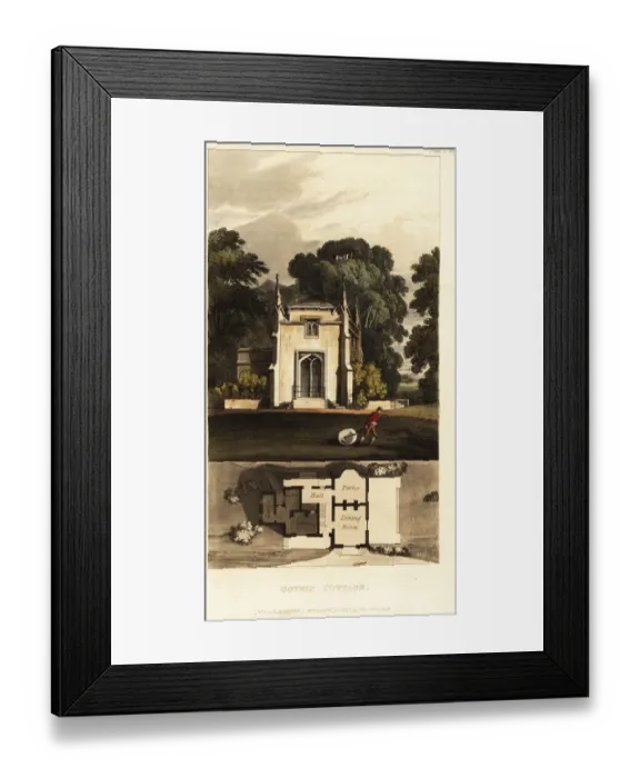 Framed Print : Plan and elevation for a Gothic cottage Framed Print : Plan and elevation for a Gothic cottage