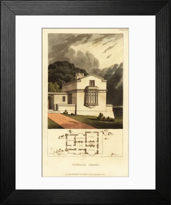 Framed Print : Plan and elevation for a Georgian style ornate cottage Framed Print : Plan and elevation for a Georgian style ornate cottage