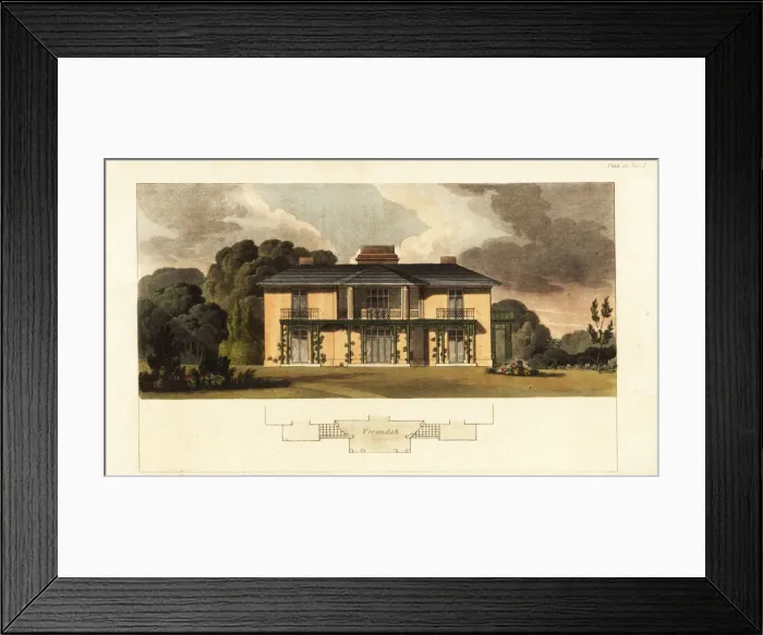 Framed Print : Elevation of a hunting lodge and plan of a verandah Framed Print : Elevation of a hunting lodge and plan of a verandah