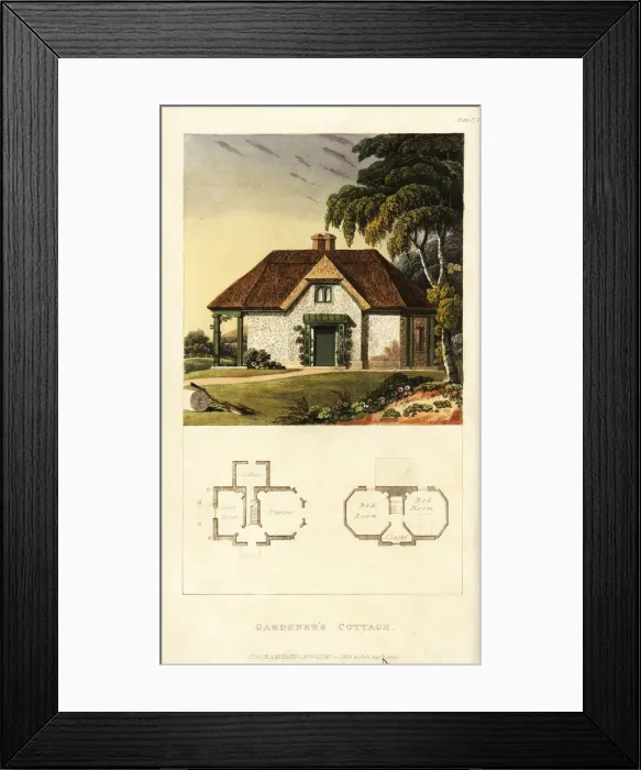 Framed Print : Plan and elevation of a Regency gardeners cottage