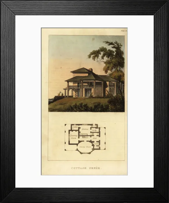 Framed Print : Plan and elevation of a Regency ornate cottage