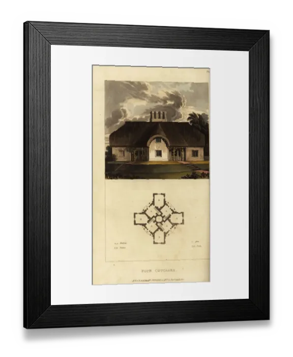 Framed Print : Plan and elevation of a Regency thatched cottage Framed Print : Plan and elevation of a Regency thatched cottage