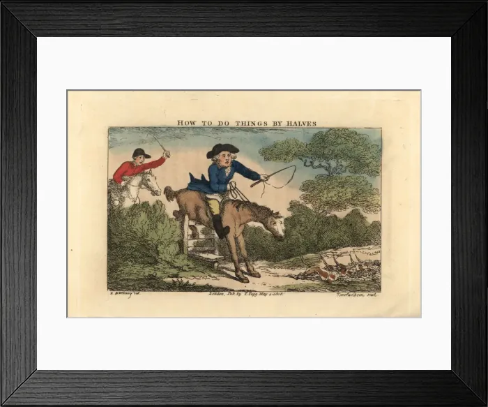 Framed Print : Regency gentleman on a horse caught on a sty Framed Print : Regency gentleman on a horse caught on a sty