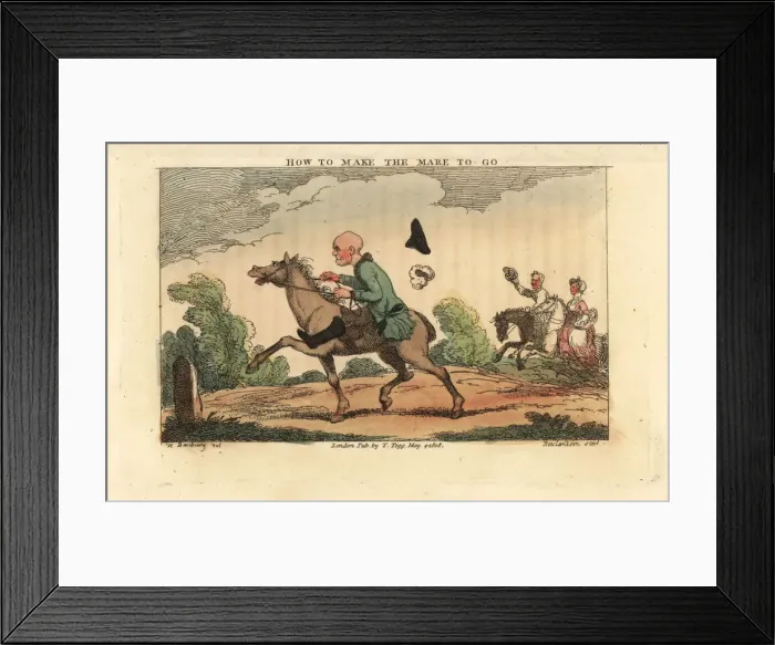 Framed Print : Regency gentleman loses his hat and wig on a mare Framed Print : Regency gentleman loses his hat and wig on a mare