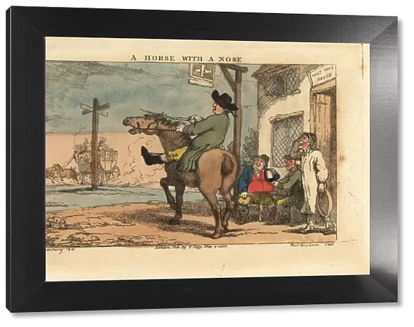 Regency man trying to stop a horse entering a tavern