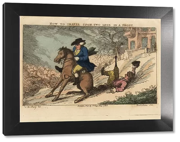 Regency man riding a horse sliding down a hill