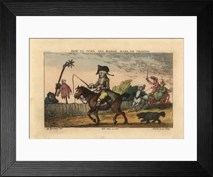 Framed Print : Regency gentleman using a whip to steer a horse Framed Print : Regency gentleman using a whip to steer a horse