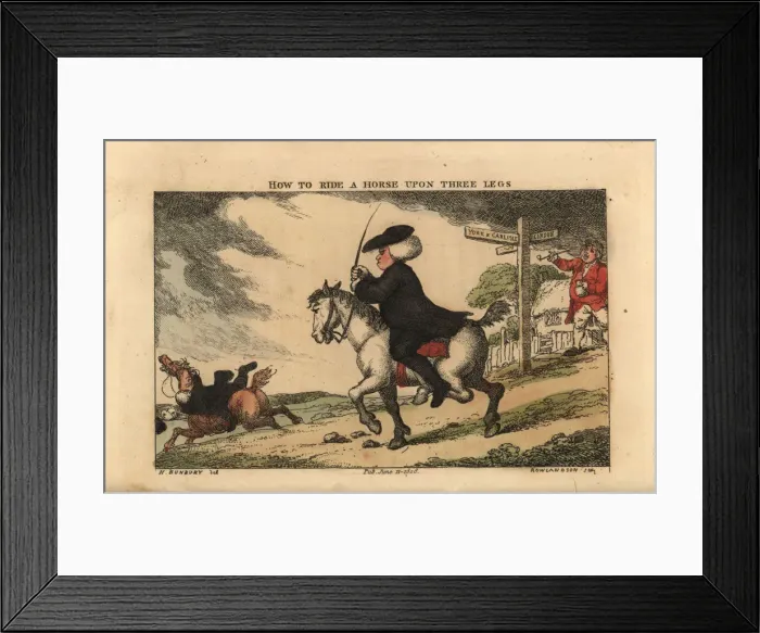 Framed Print : Regency gentleman riding a horse with one hind leg tied Framed Print : Regency gentleman riding a horse with one hind leg tied