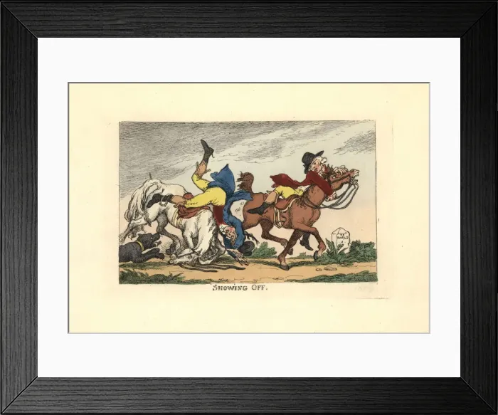 Framed Print : Two men falling off their horses after showing off Framed Print : Two men falling off their horses after showing off