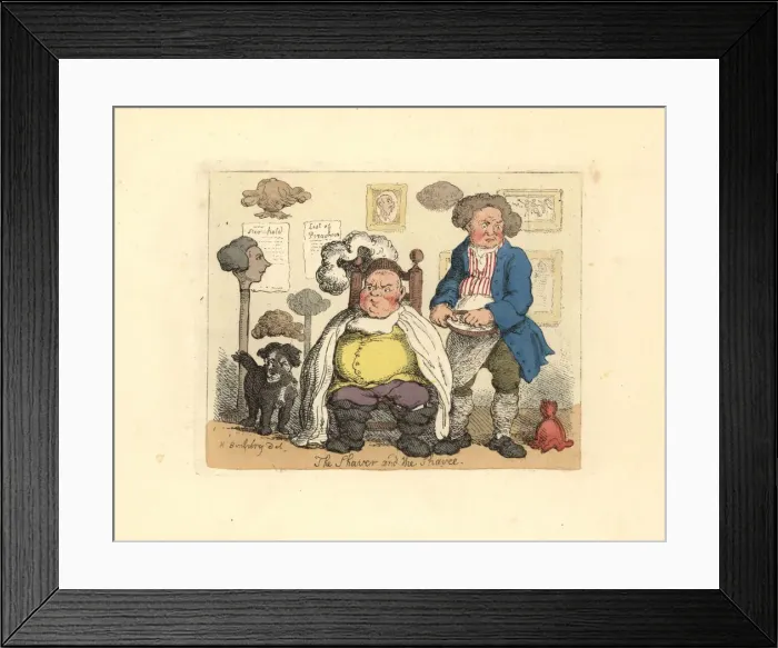 Framed Print : Barber and customer in a barbershop decorated with wigs Framed Print : Barber and customer in a barbershop decorated with wigs