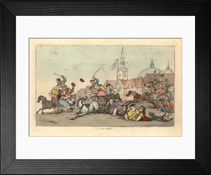 Framed Print : A cart race in an English town with an accident in Framed Print : A cart race in an English town with an accident in