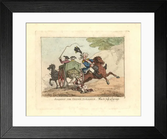 Framed Print : Man losing control of his mount while passing a carriage Framed Print : Man losing control of his mount while passing a carriage