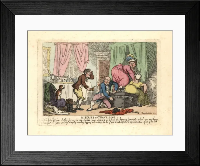 Framed Print : Man and two women failing to close a packed trunk Framed Print : Man and two women failing to close a packed trunk