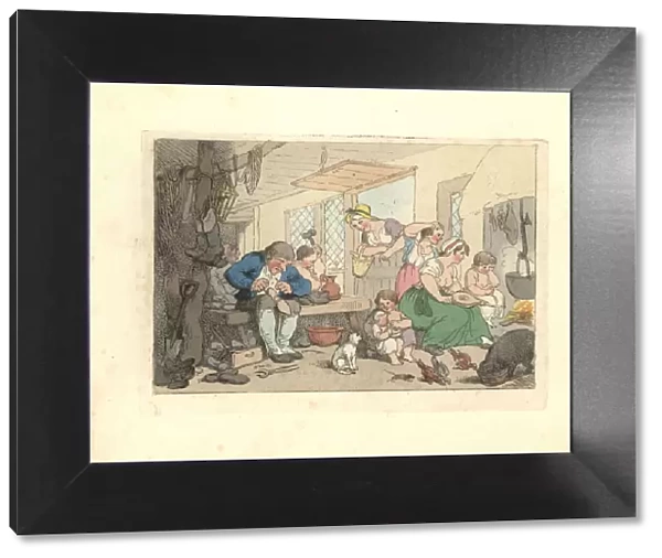 Regency cobbler mending shoes in a crowded room