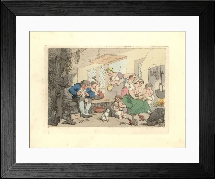 Framed Print : Regency cobbler mending shoes in a crowded room Framed Print : Regency cobbler mending shoes in a crowded room