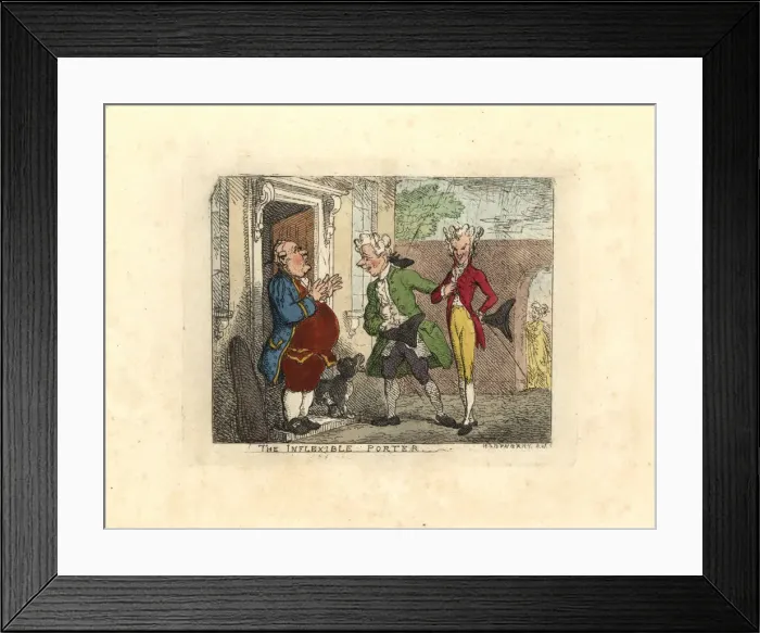 Framed Print : Visiting gentlemen refused entry to a house by a servant Framed Print : Visiting gentlemen refused entry to a house by a servant