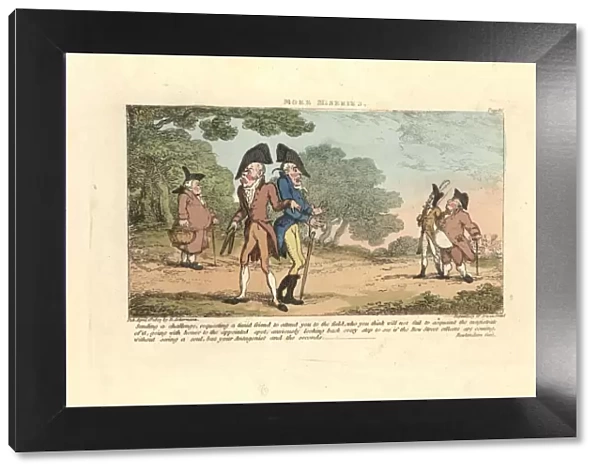 Two Regency gentlemen about to fight a duel with pistols