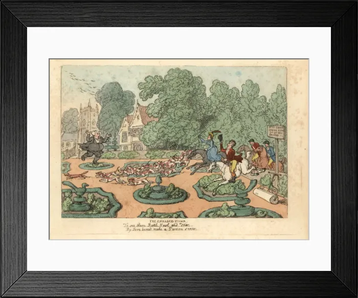 Framed Print : Parson cursing foxhunters and hounds trampling his garden Framed Print : Parson cursing foxhunters and hounds trampling his garden