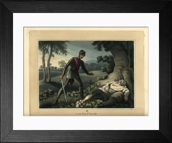 Framed Print : Medieval knight in armour finds a murdered monk on the road Framed Print : Medieval knight in armour finds a murdered monk on the road