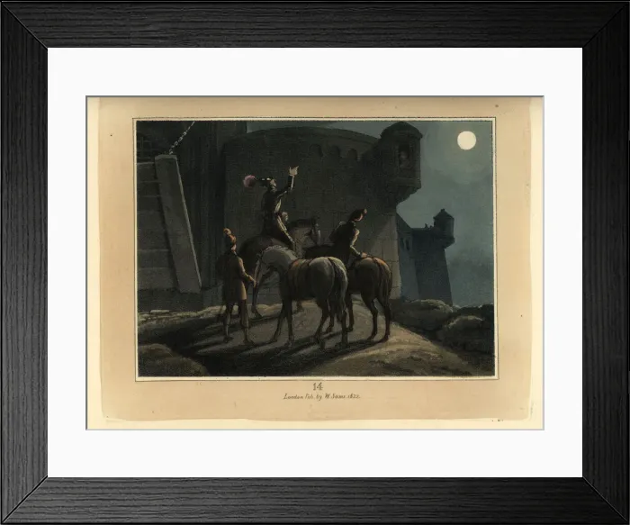 Framed Print : Medieval knight in armour with troops outside a castle Framed Print : Medieval knight in armour with troops outside a castle